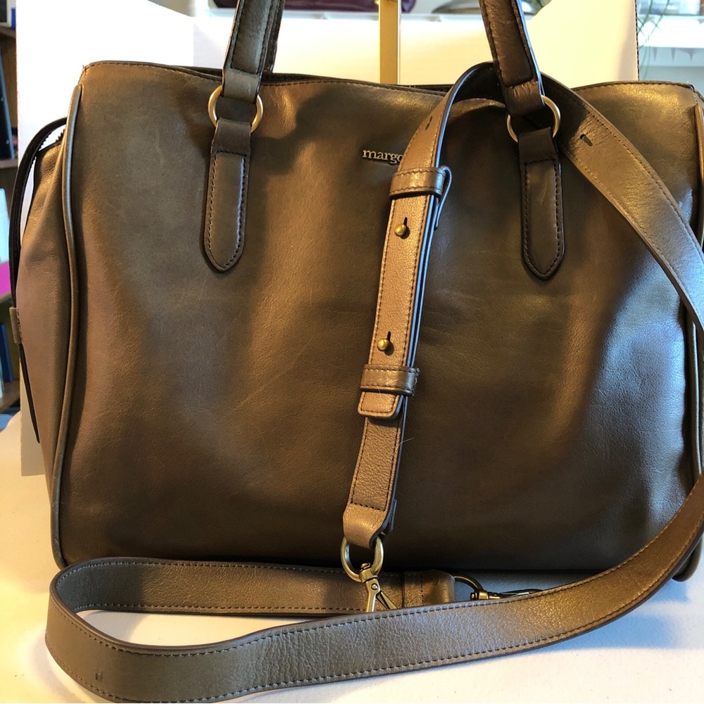 margot new york Taylor Triple Compartment Leather Tote olive color Large Bag EUC